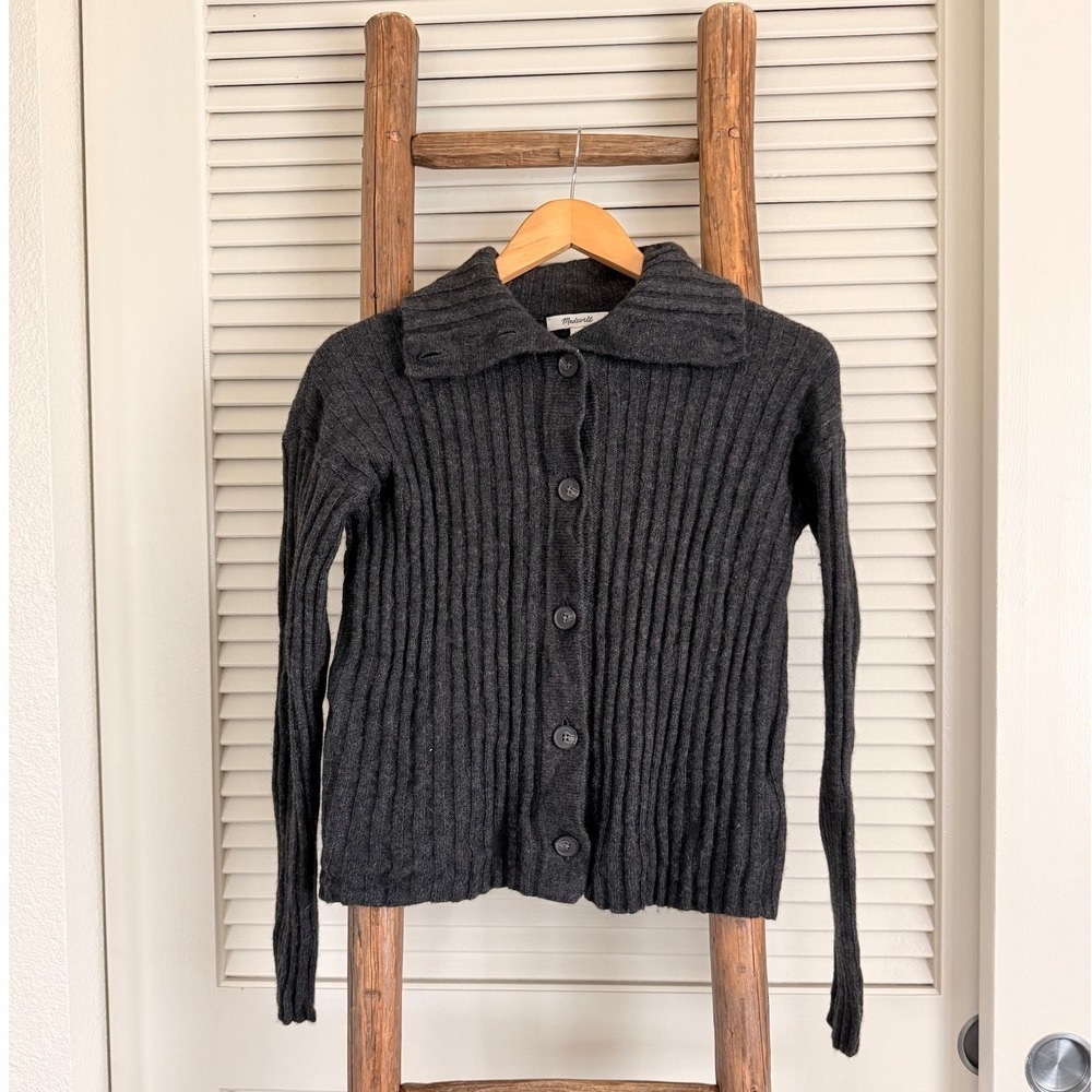 Madewell Women's Dark Gray Ribbed Knit Collared Cardigan Sweater XS
